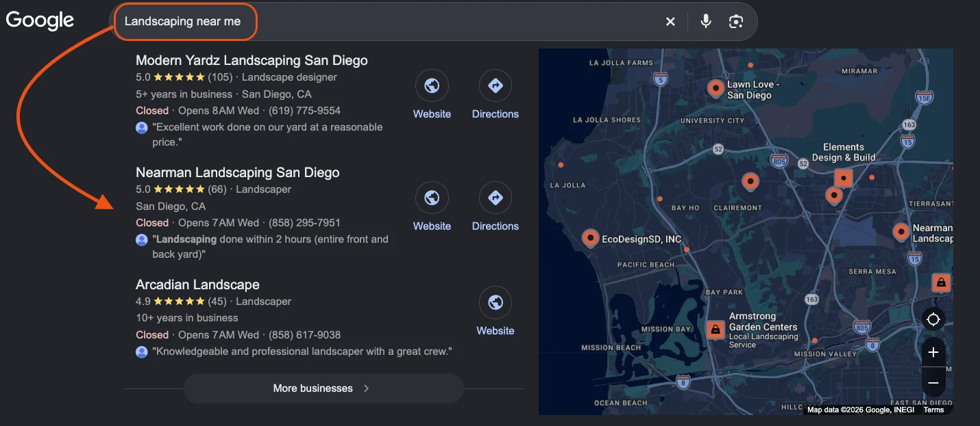Google Map Pack - the top 3 businesses for landscaping near me